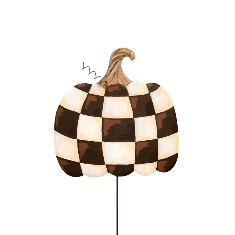 Metal chocolate checkered pumpkin garden stake with a textured stem and coiled tendril.
