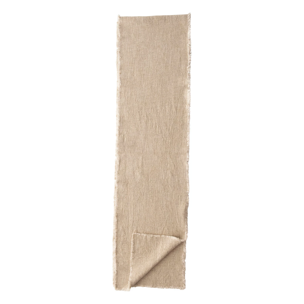 Natural linen blend table runner with frayed edges, shown vertically with a folded corner.