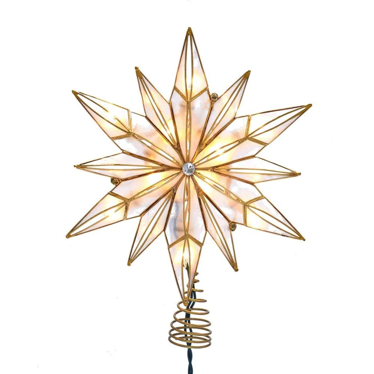 UL 10L LED 12-point brass plated capiz star tree topper with a gem center and spiral base.