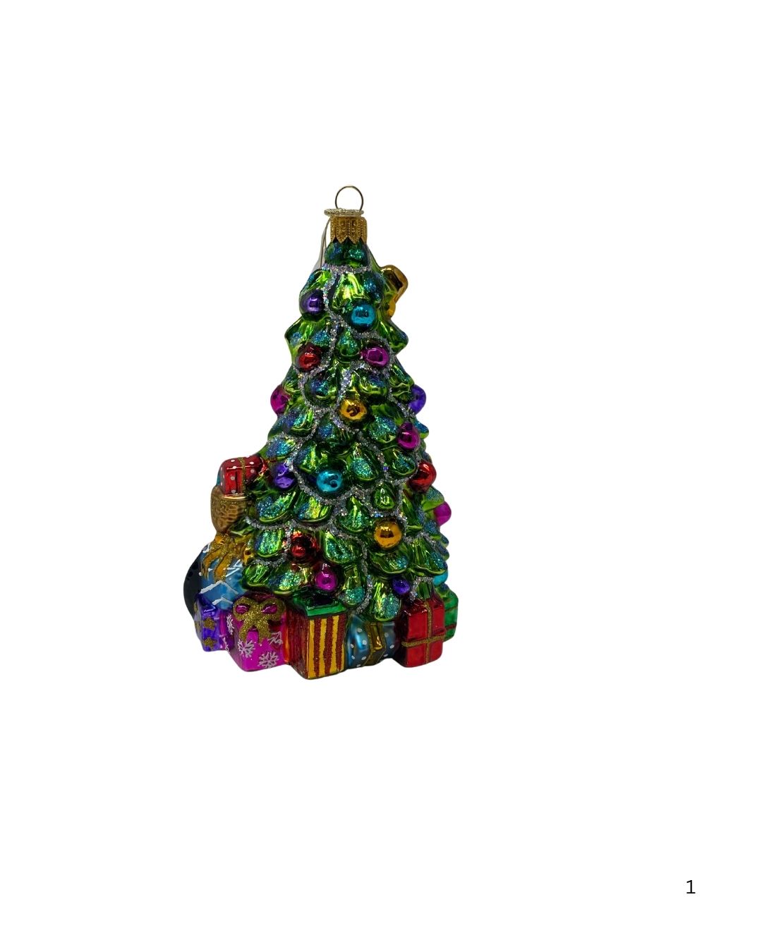 Hand-painted glass Christmas tree ornament with colorful baubles and gifts at the base.