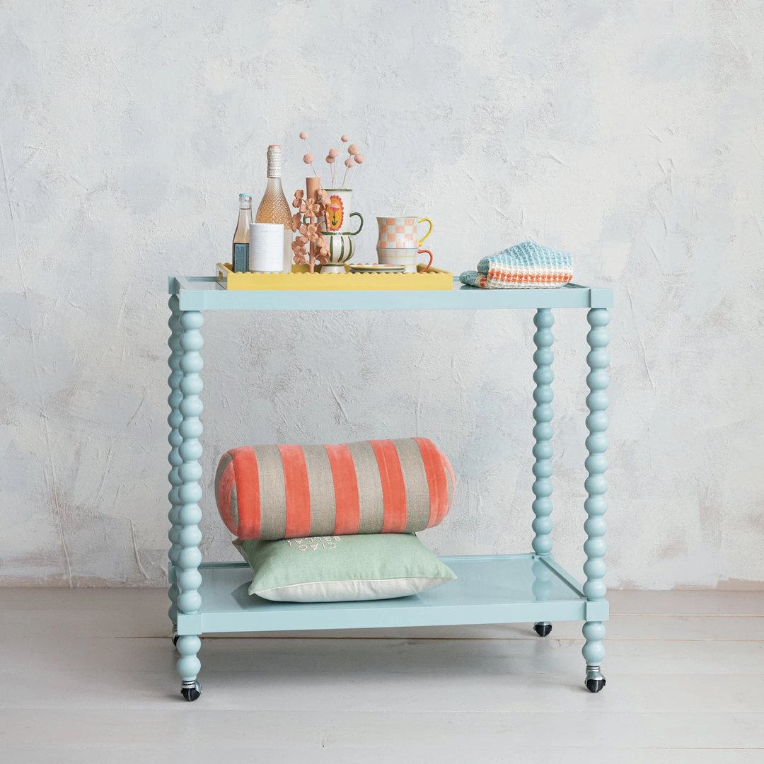 Rubberwood Lacquered 2-Tier Bar Cart on Casters