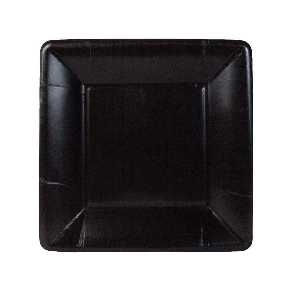 Square black paper salad or dessert plate with a grosgrain border texture.