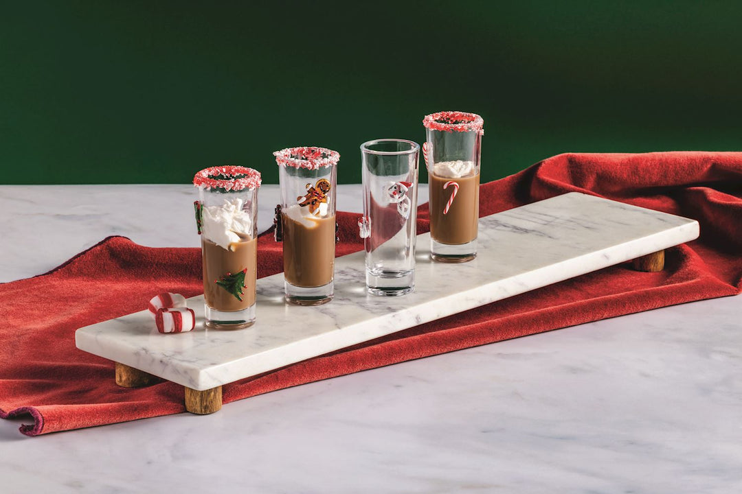 Red Christmas shot glass with white snowflake pattern