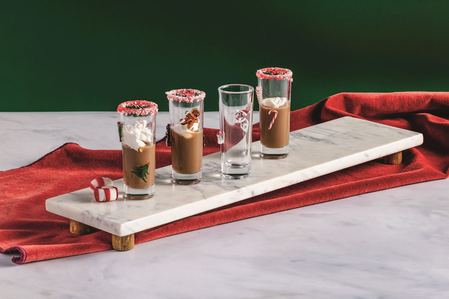 Red Christmas shot glass with white snowflake pattern