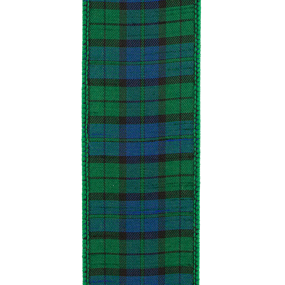 Black Watch tartan plaid wired edge ribbon in green, blue, and black.