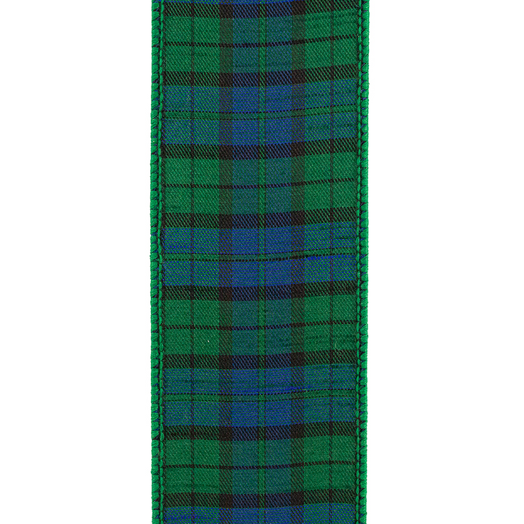 Black Watch tartan plaid wired edge ribbon in green, blue, and black.