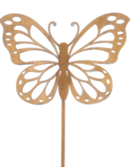 Laser cut metal garden stake featuring a butterfly silhouette with intricate wing patterns.