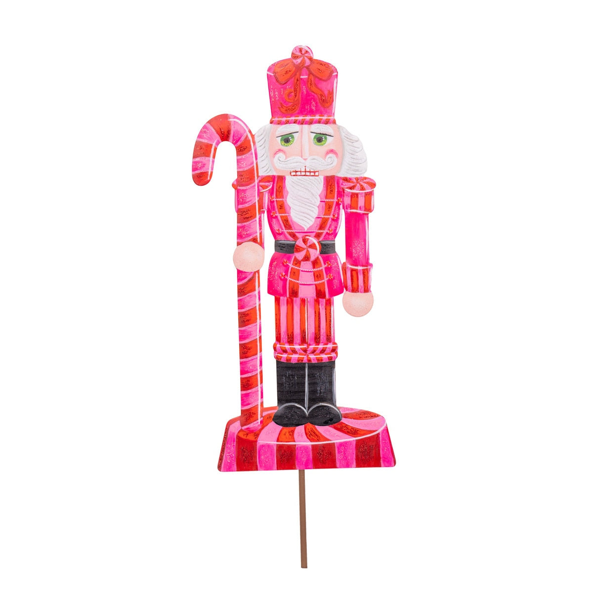 Pinkmas medium nutcracker with a pink finish, designed to stake, hang, or display on an easel.