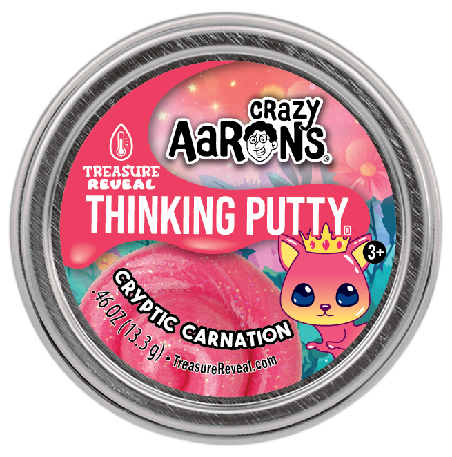 Treasure Reveal Thinking Putty in blue silicone with a clear plastic window showing colorful surprise toys inside.
