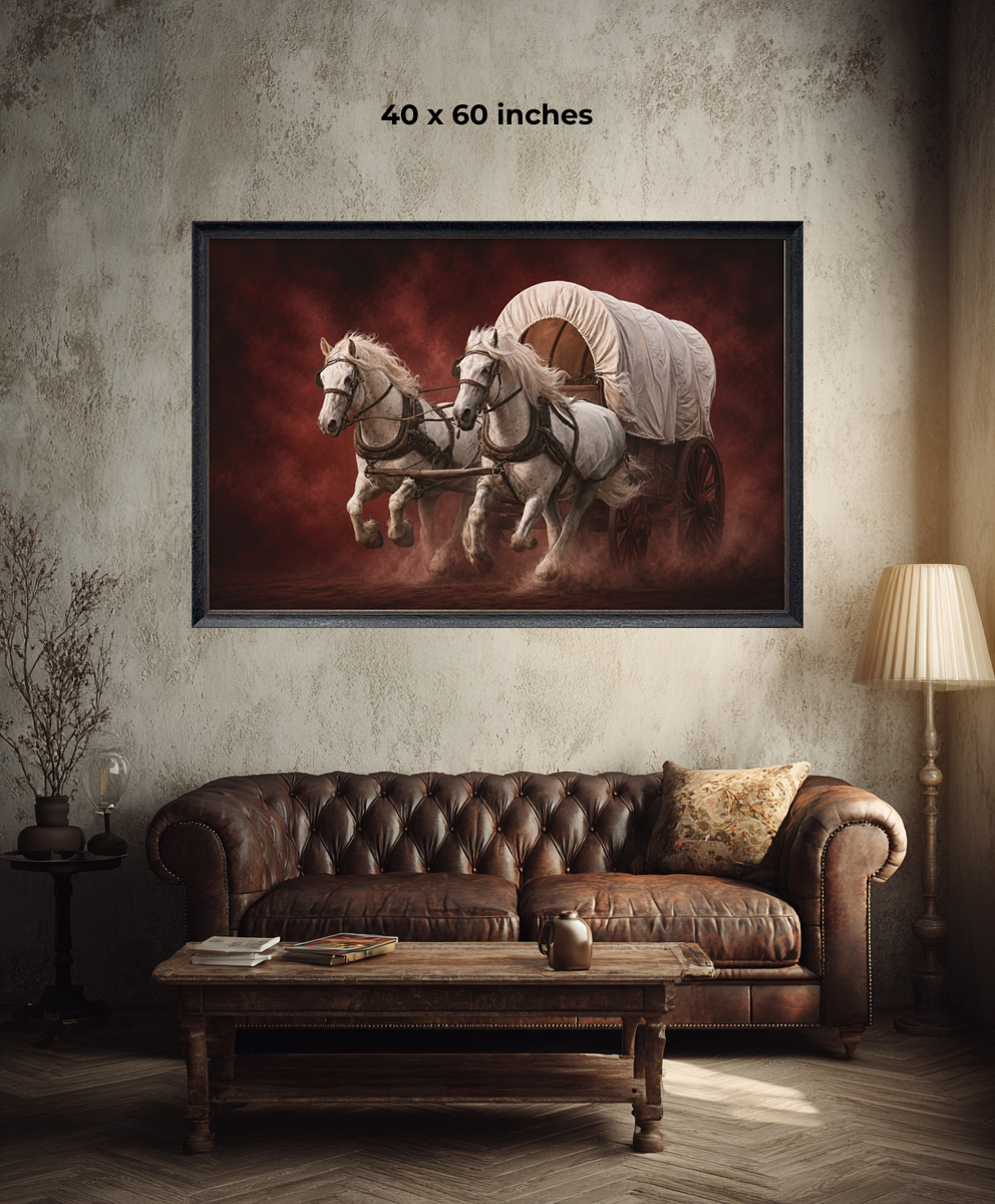 OU Lifestyle Print DS: Framed 40x60 inch wall art of two white horses pulling a covered wagon.
