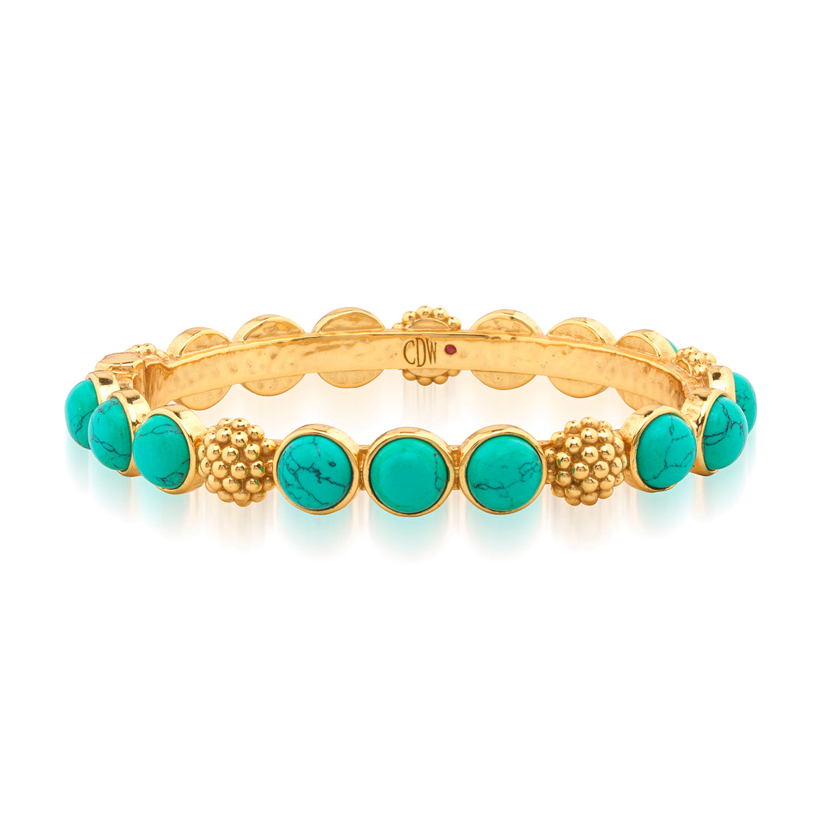 Turquoise hinged bangle bracelet with MOP inlay on gold over brass.