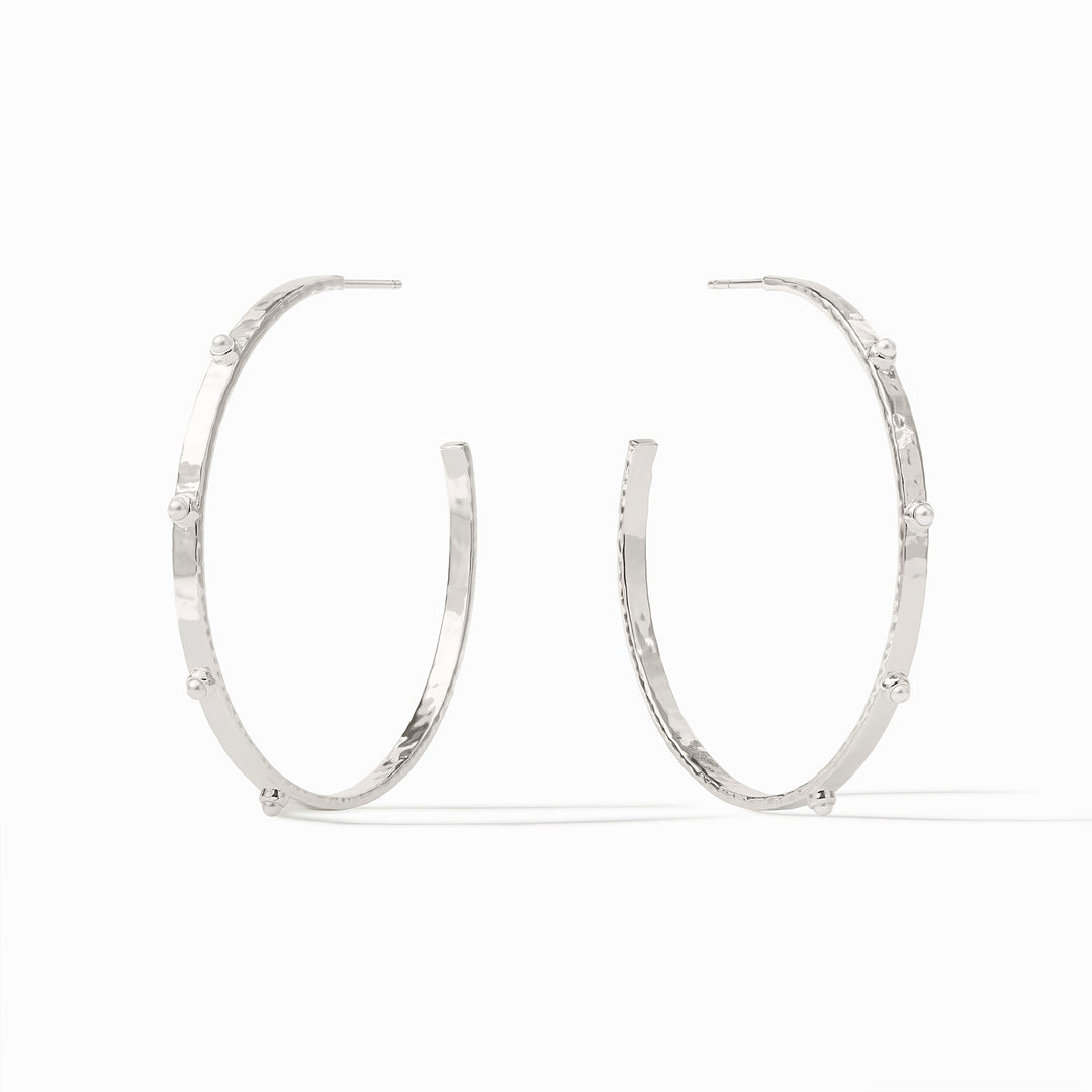 Medium silver hoop earring with hammered texture and reconstituted gemstone accents.