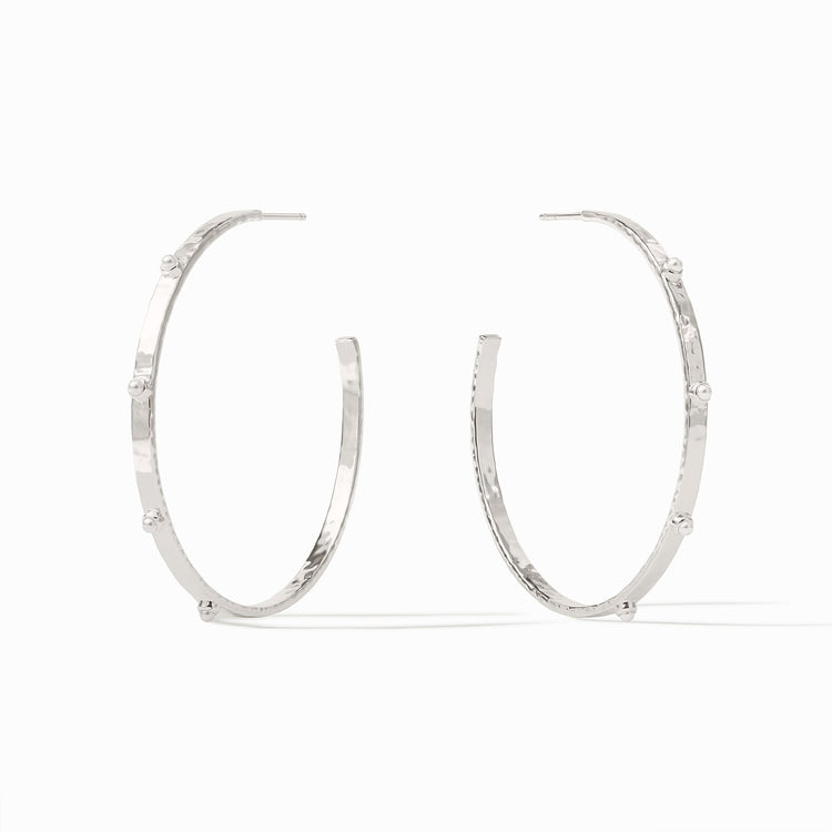 Medium silver hoop earring with hammered texture and reconstituted gemstone accents.