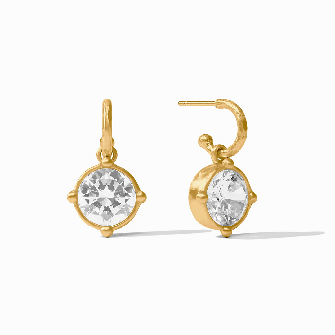 Gold Honeybee hoop earrings with reversible round faceted clear gemstone charms.