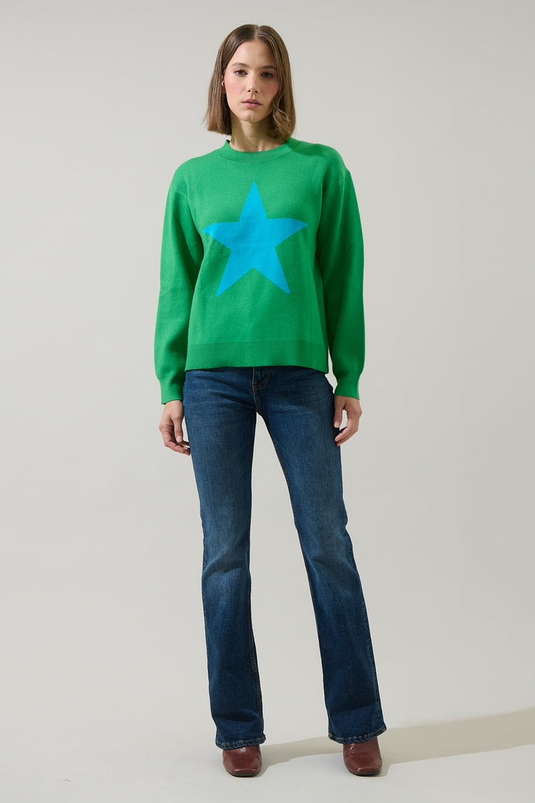 Green knit pull-over sweater with blue star at center chest