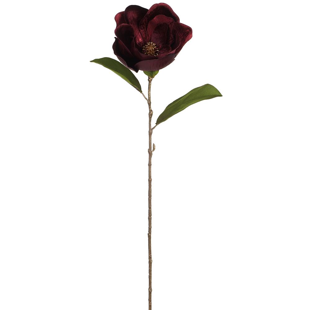 29-inch shimmer velvet magnolia spray with a deep burgundy flower and green leaves on a brown stem.
