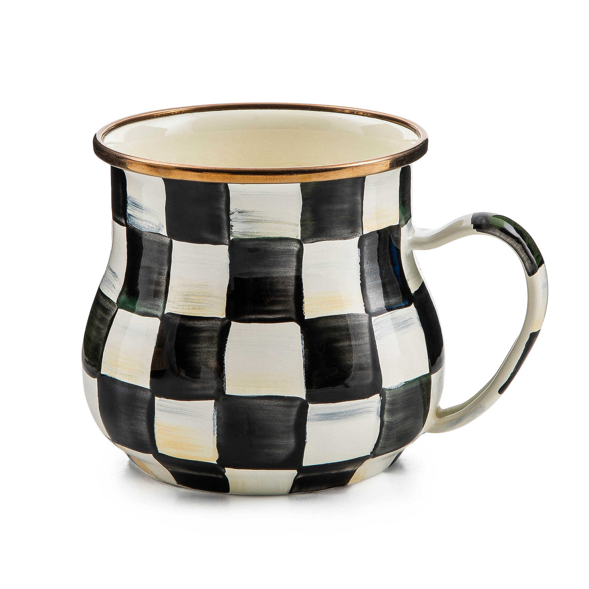 Hand-painted Courtly Check enamel mug with bronzed stainless steel rim