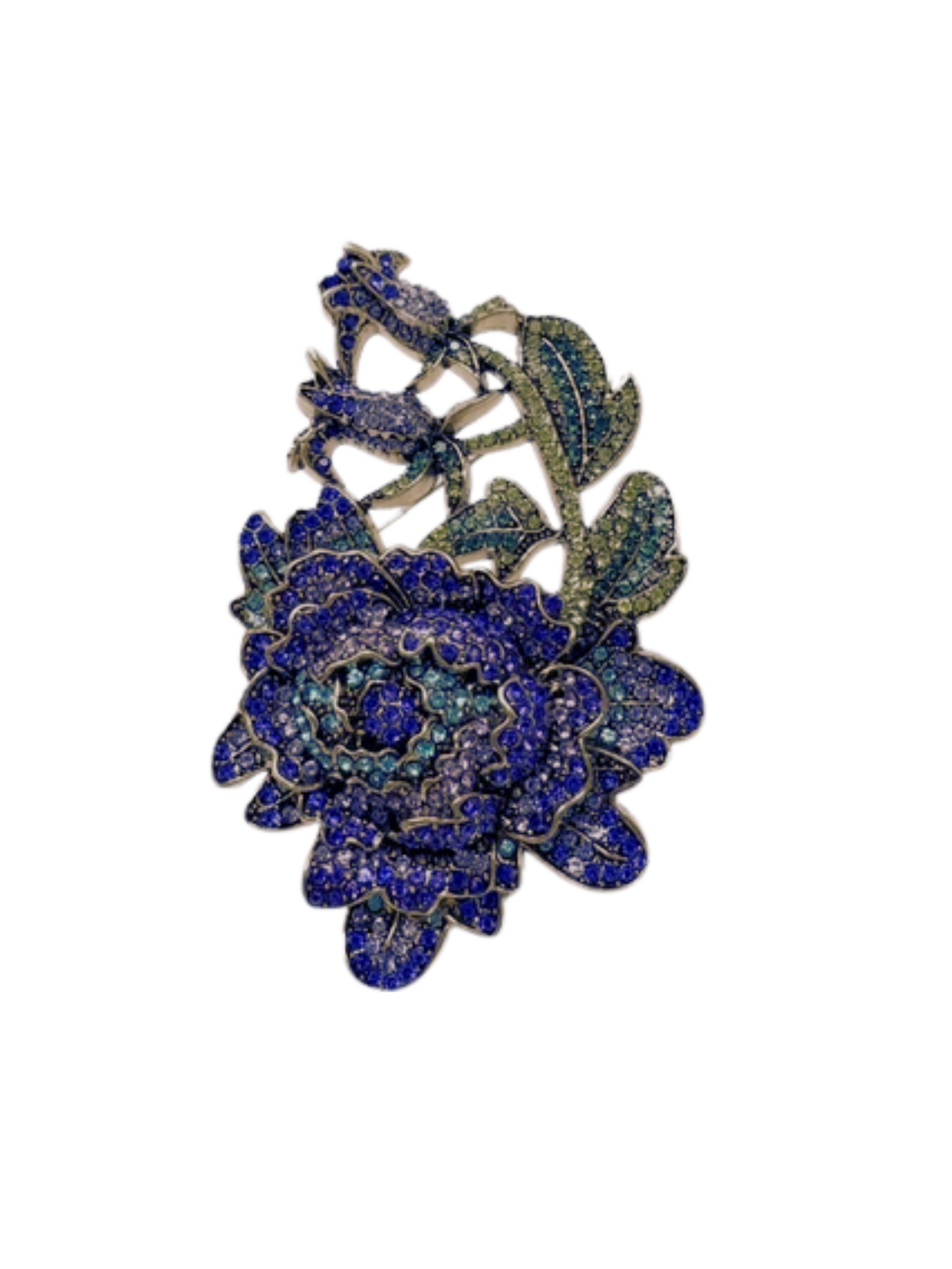 Blue rhinestone floral statement brooch with green crystal leaves and intricate petal detailing.