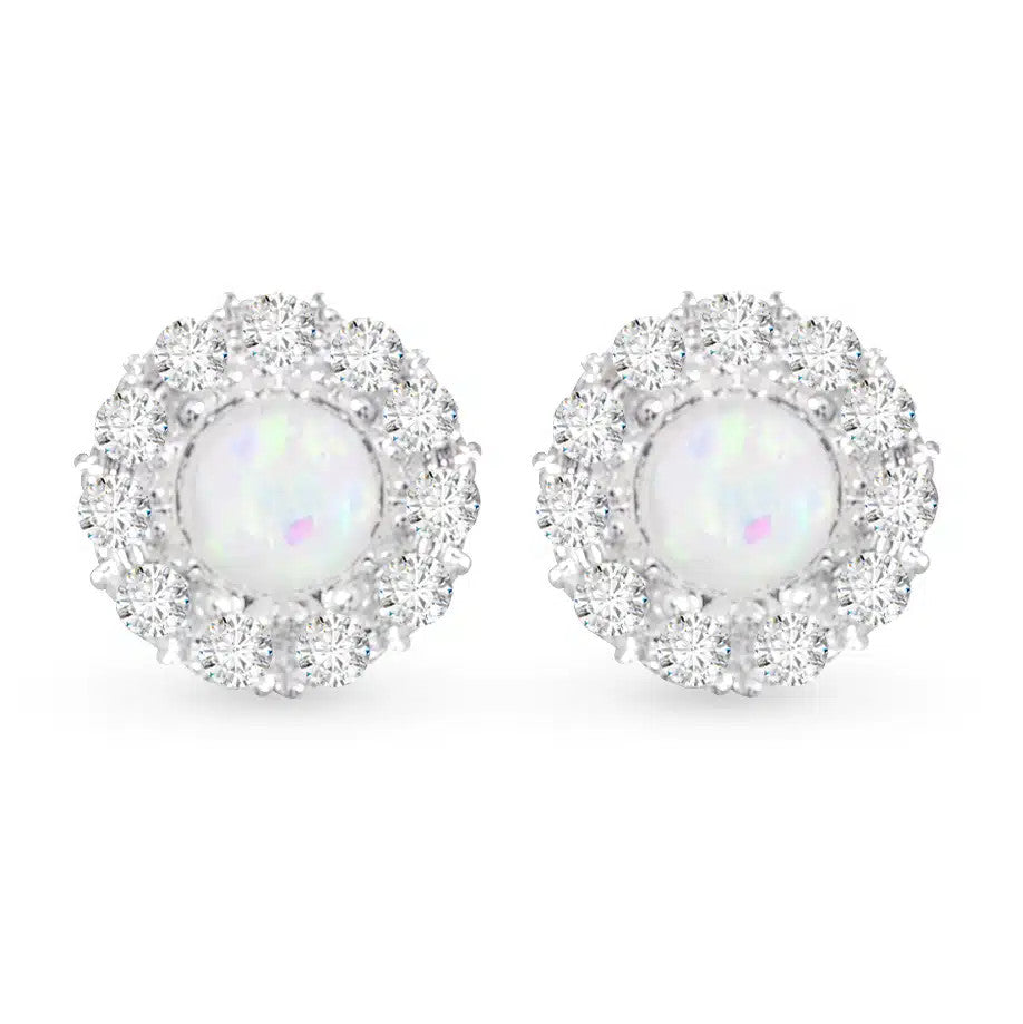Small round silver stud earrings featuring a central opal surrounded by a halo of clear CZ stones.