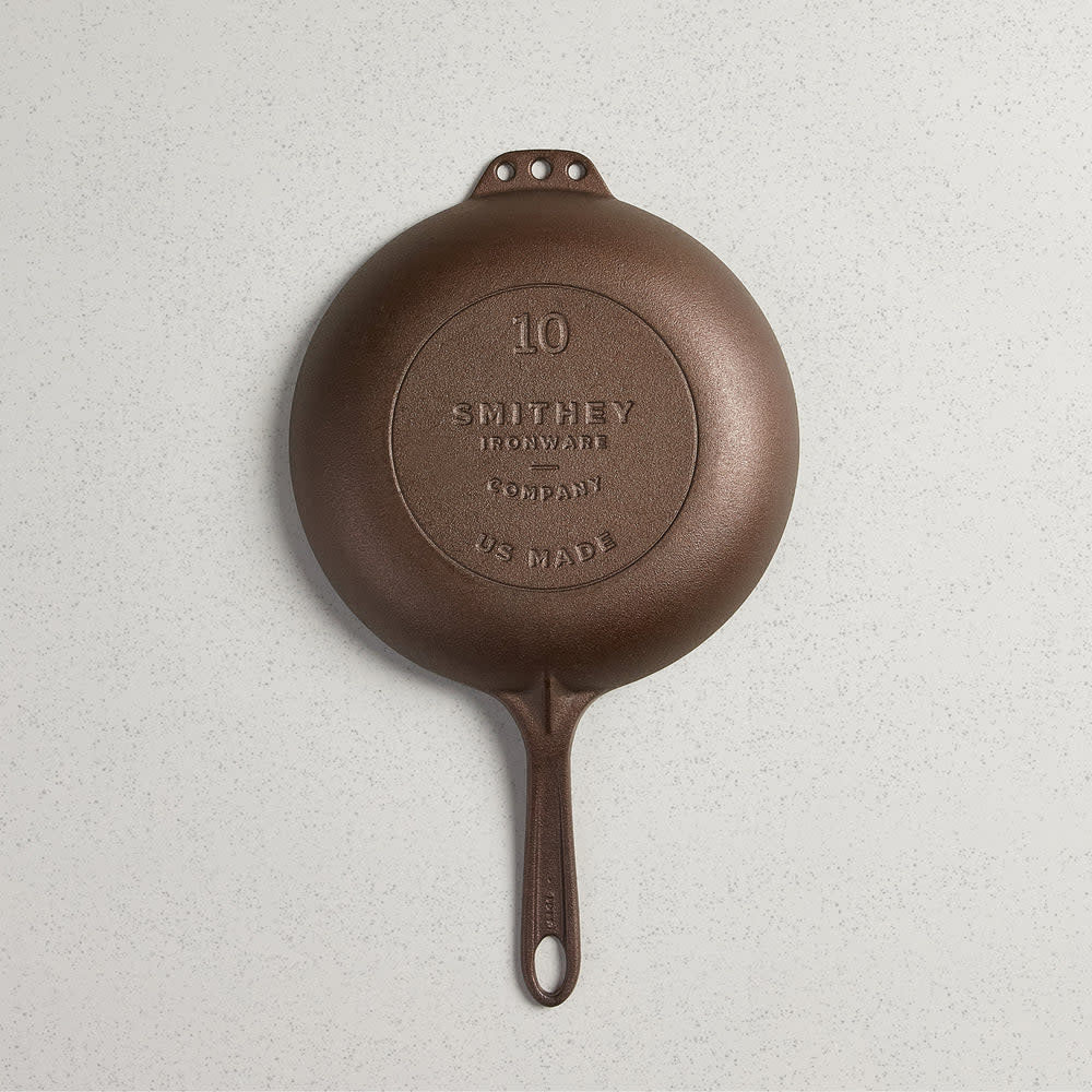 Satin-finish No. 10 Chef Skillet with extended handle and hanging holes