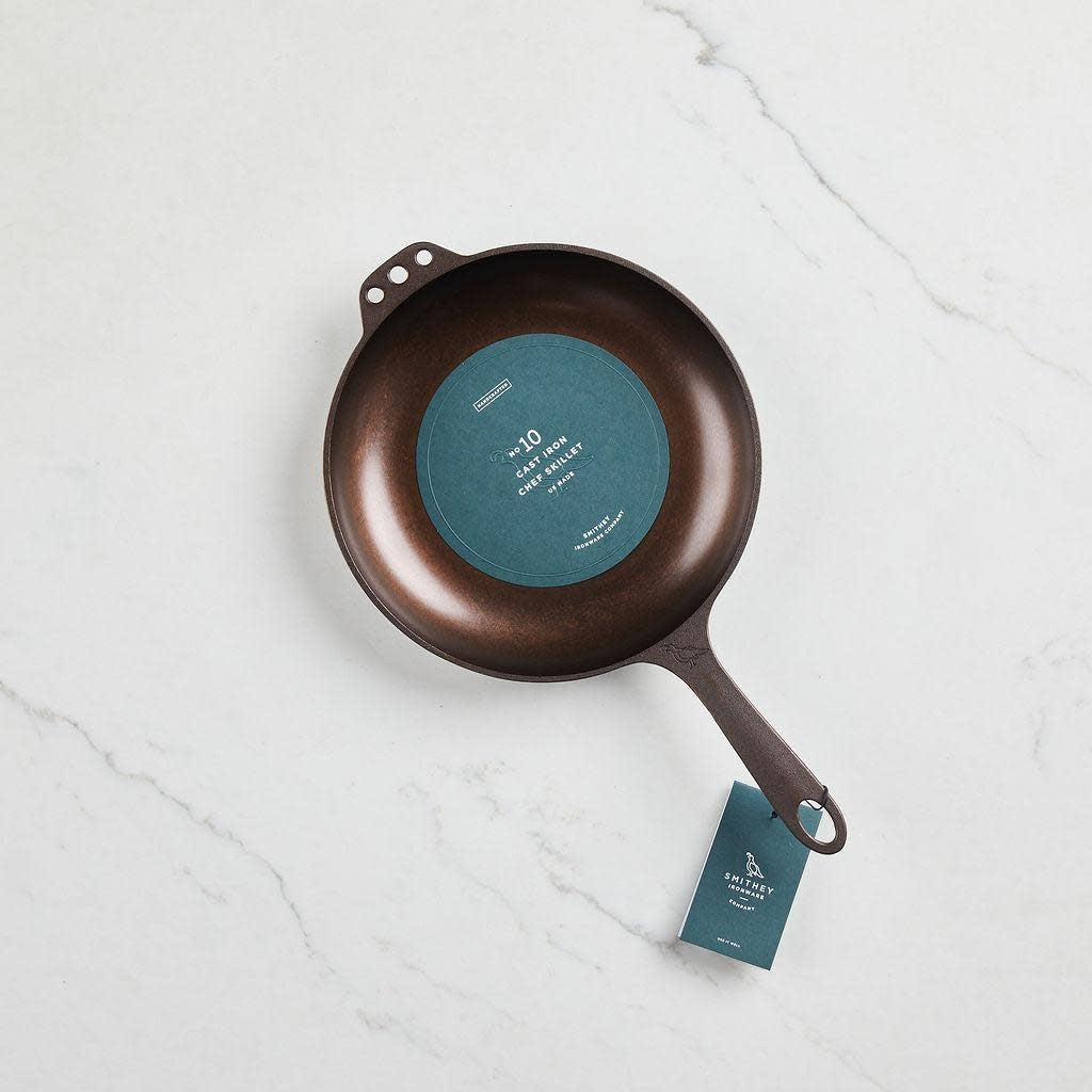 No. 10 Chef Skillet with satin-smooth polished finish, extended handle, and hanging holes on both sides.