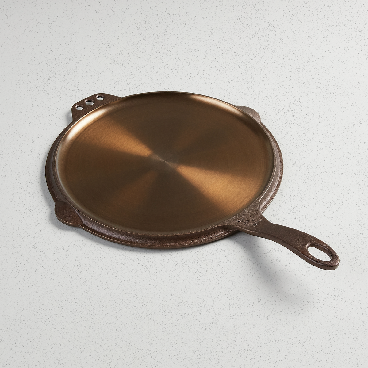 Smithey No. 12 Flat Top Griddle with satin-smooth polished finish and pour spout on both sides.