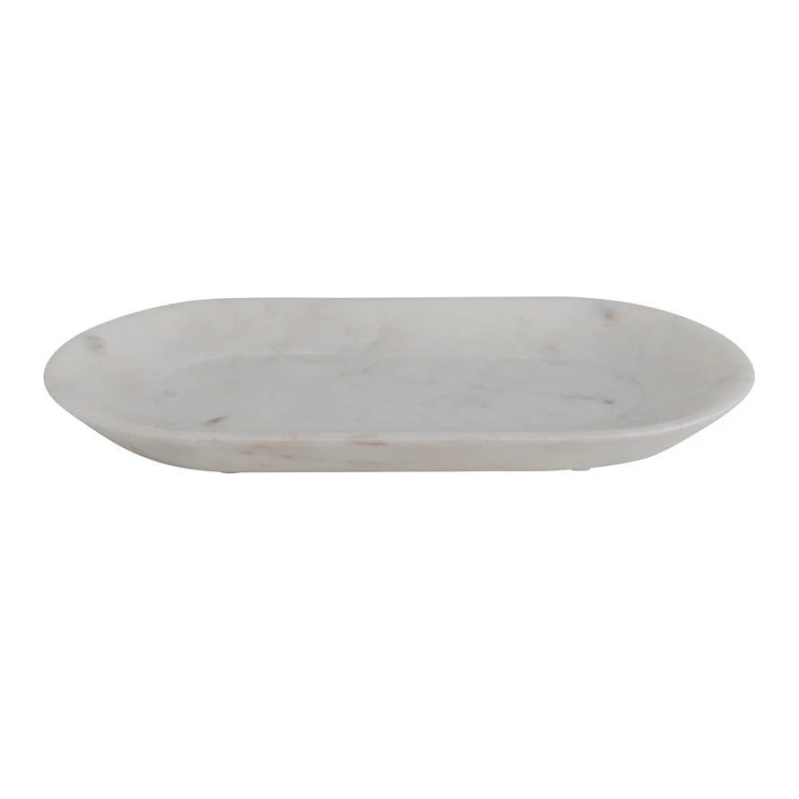 White marble oval tray with natural grey veining, 10-3/4 inches long.