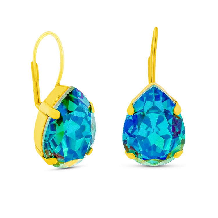 Antique gold-plated brass Lumi Hook earrings featuring high-quality crystals in a Candy Crush pattern.
