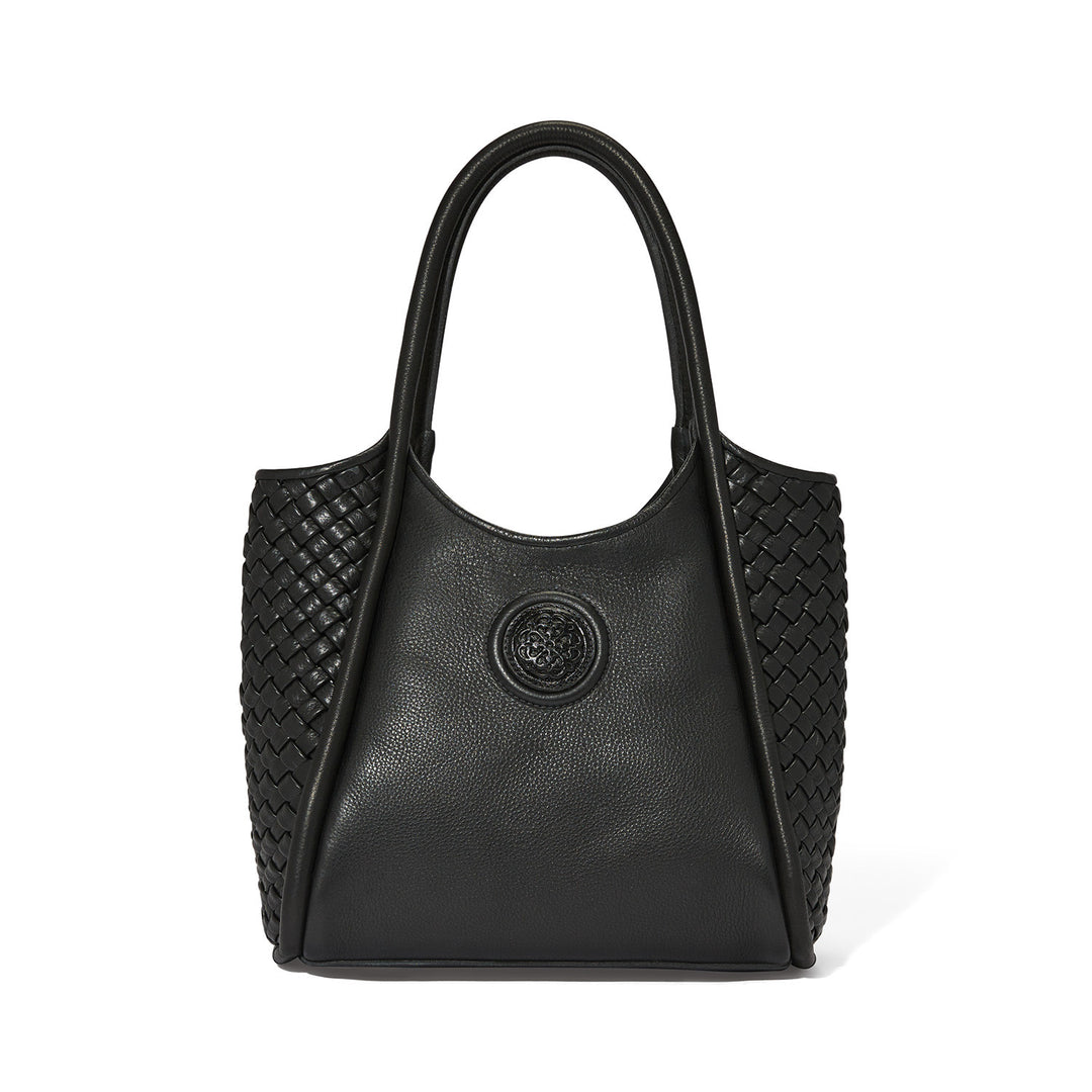 Black leather Noa Large Tote with magnetic closure, woven jacquard lining, and exterior pocket.