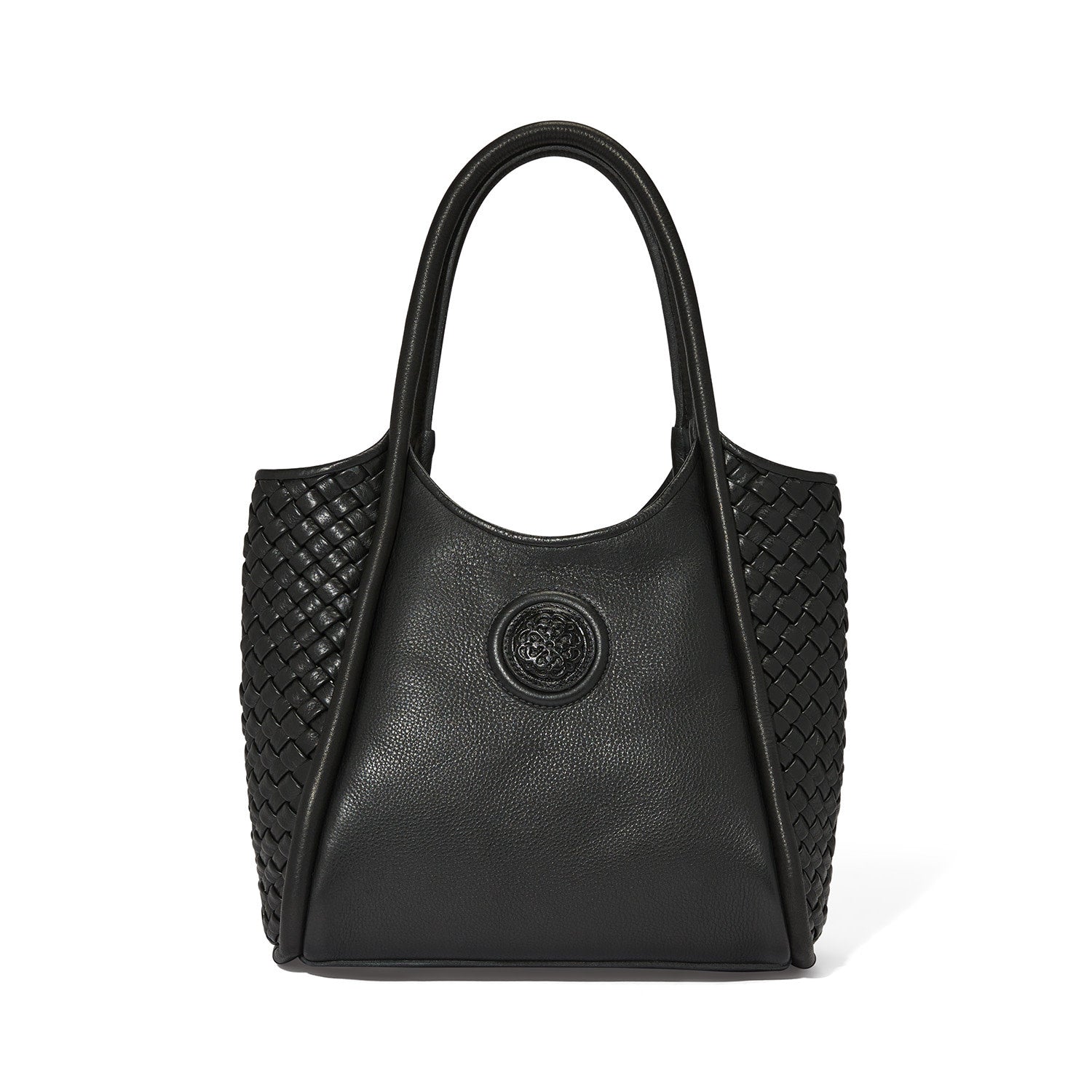 Black leather Noa Large Tote with magnetic closure, woven jacquard lining, and exterior pocket.