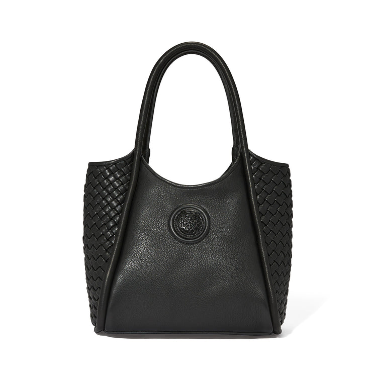 Black leather Noa Large Tote with magnetic closure, woven jacquard lining, and exterior pocket.