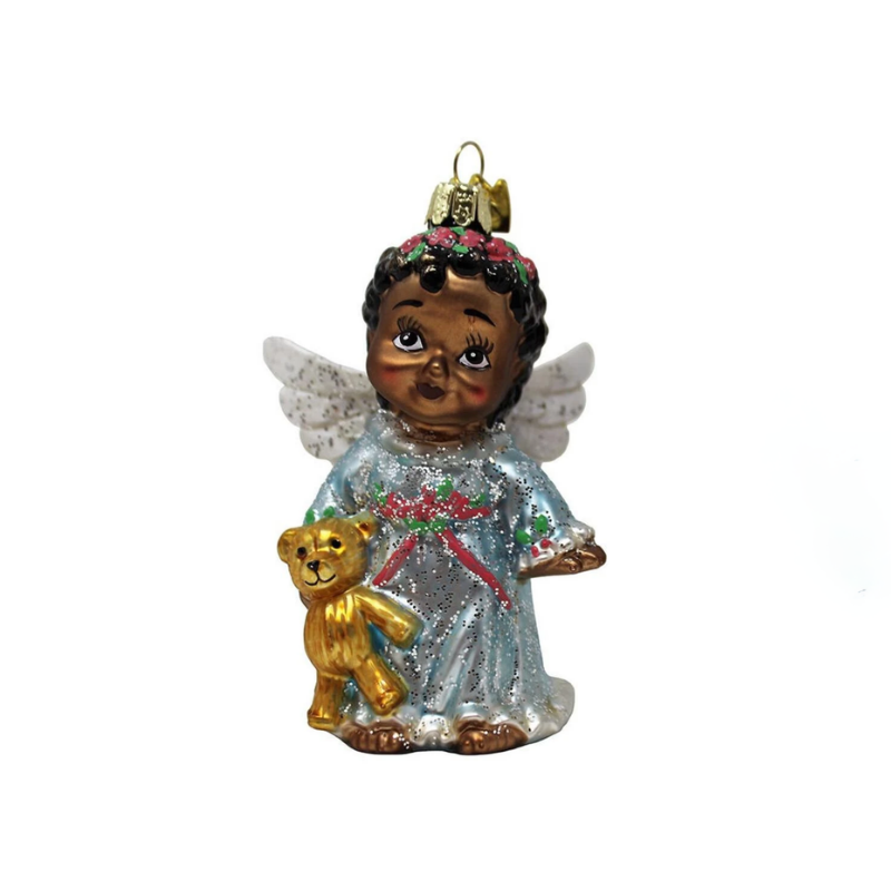 Glass African American Angel Ornament, Blue