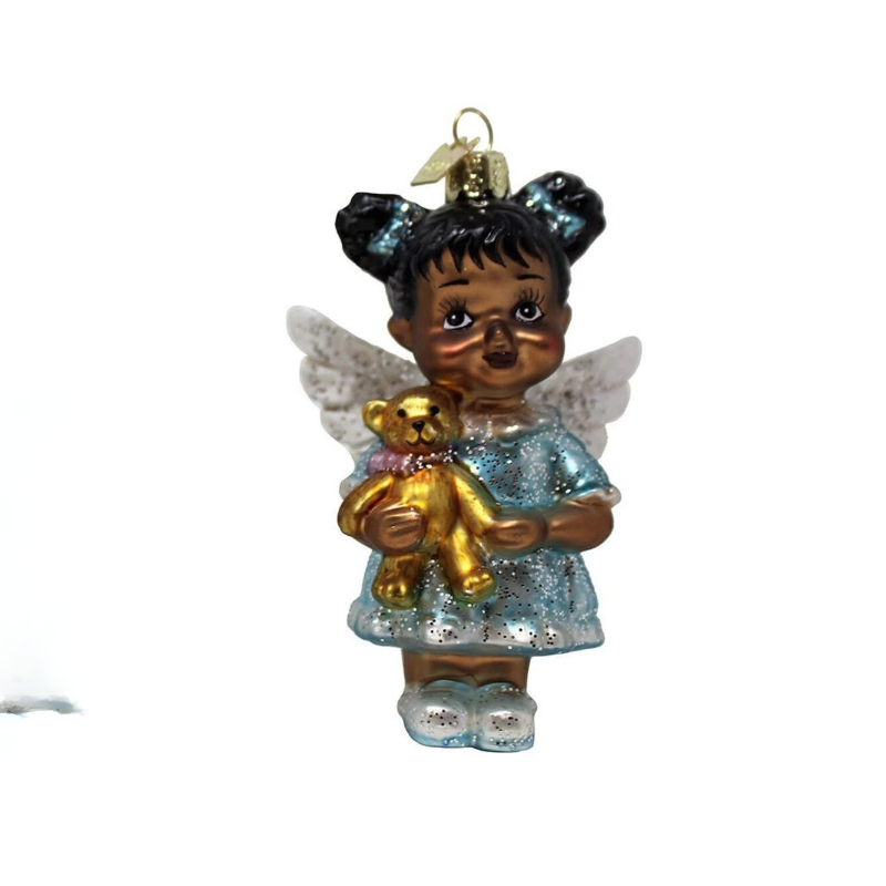 Glass African American Angel Ornament, Blue Pink and Green