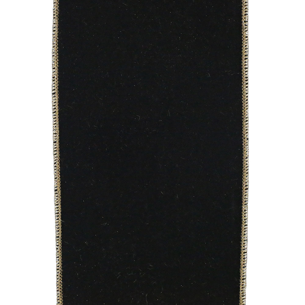 Black velvet ribbon with a gold wired edge, 4 inches wide.