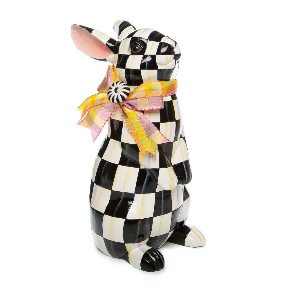 Courtly Check Standing Bunny figurine with a black and white checkered pattern and a colorful bow.