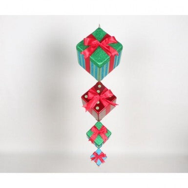 46-inch hanging Christmas decoration featuring four stacked glittery gift boxes with red bows.