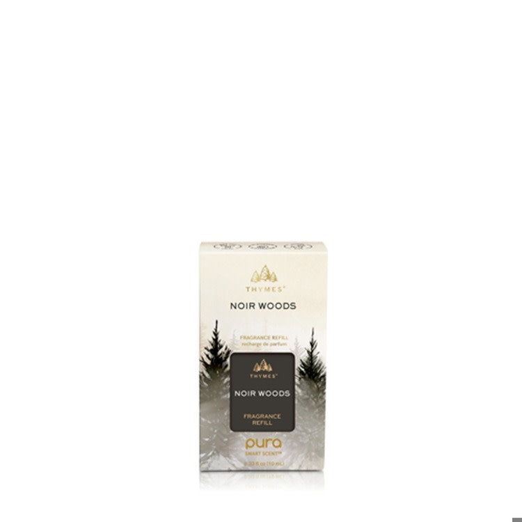 Noir Woods Pura diffuser refill bottle with deep woody label art