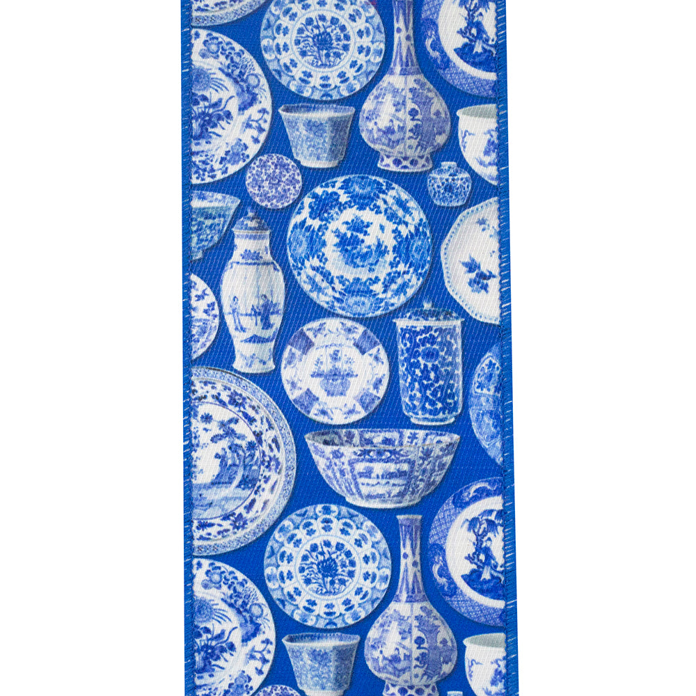 4 inch blue and white chinoiserie ceramic pattern wired edge ribbon with deluxe dupioni backing.