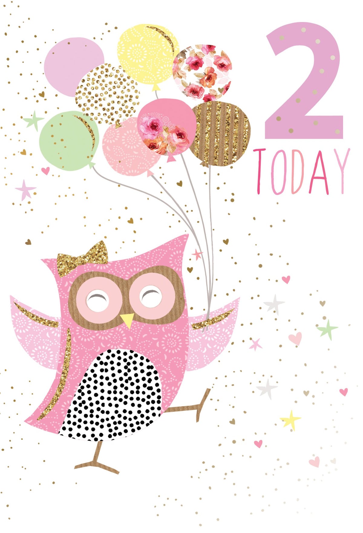 Pink owl card with balloons, the number 2, and the word TODAY. Features gold glitter accents.