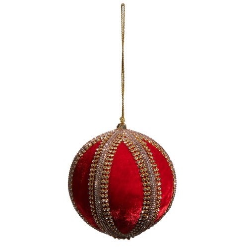 Four-inch velvet ball ornament with glass jewels in red