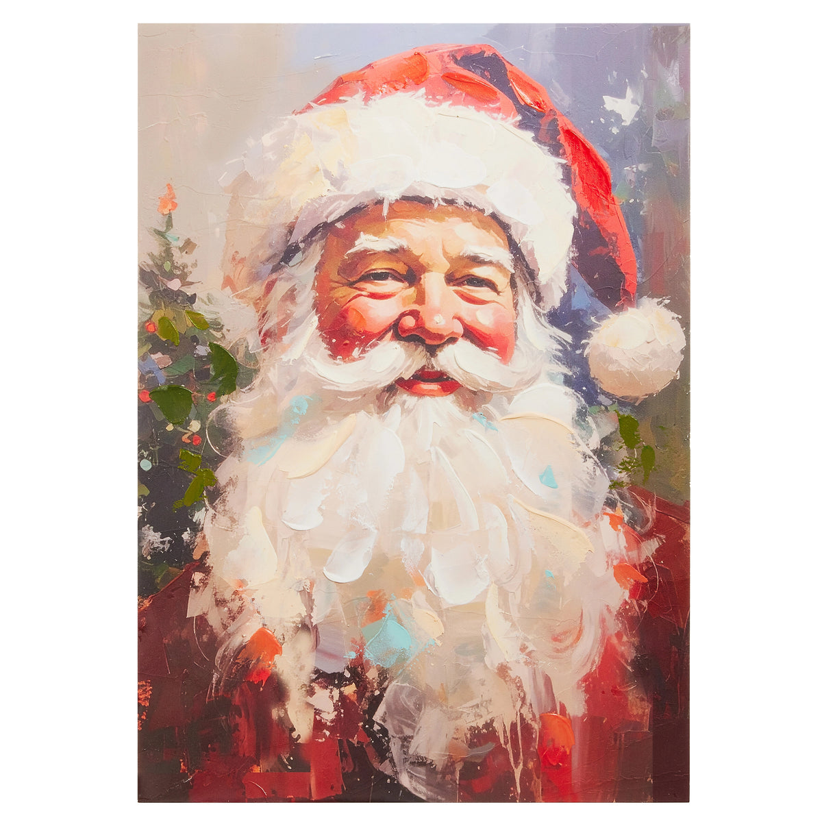 Impressionist oil painting portrait of Santa Claus with a white beard and red hat on wood.