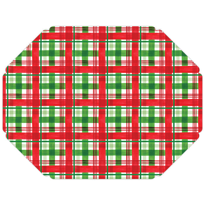 Ten disposable paper placemats in holiday green and red plaid pattern with circular silhouette.