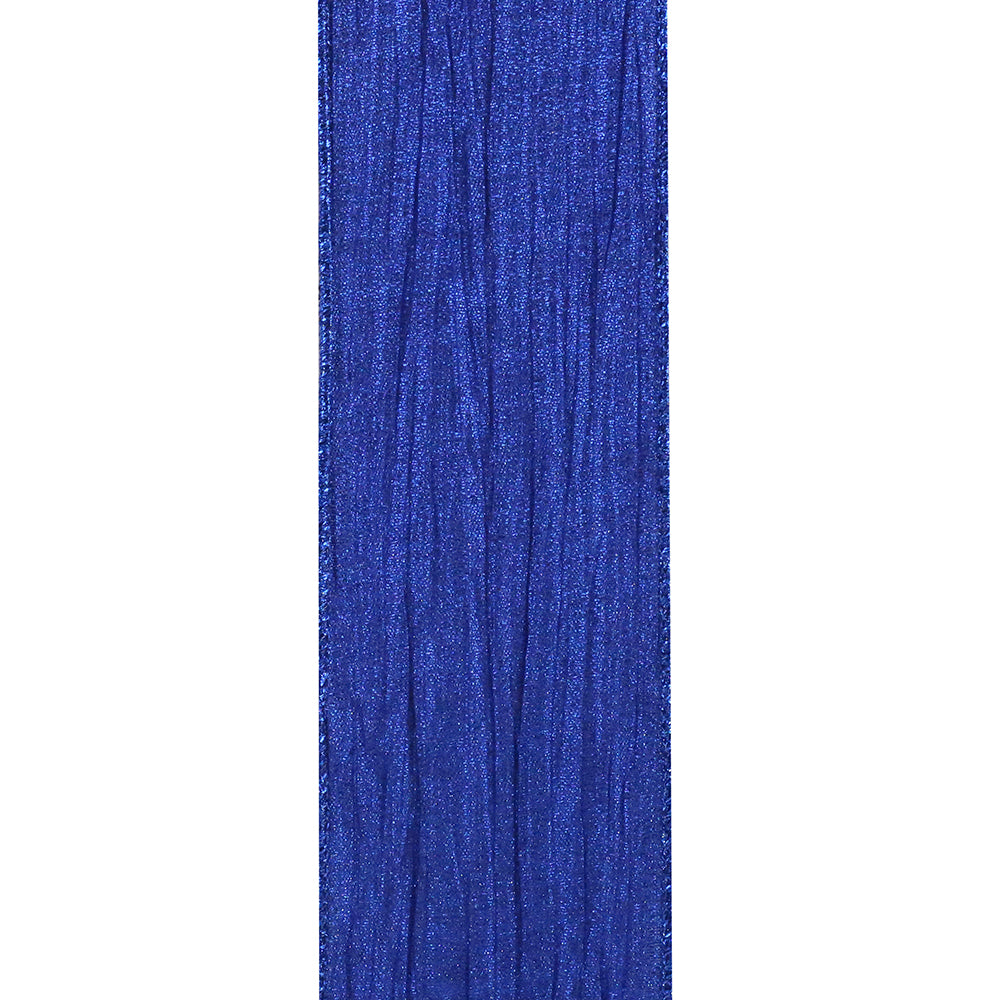 A roll of crushed metallic shine glimmer wired edge trim with a shimmering pattern and wired edges.