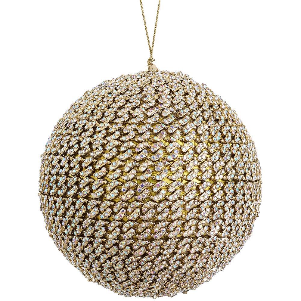 Gold diamond ball ornament with glass bead accents on a holiday tree branch
