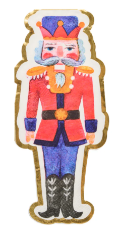 Whimsical nutcracker diecut guest towel featuring a soldier in a red jacket and blue pants.