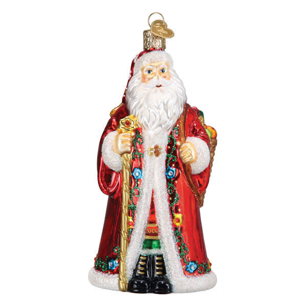 Norwegian Santa ornament featuring a red figure with white beard in traditional attire.