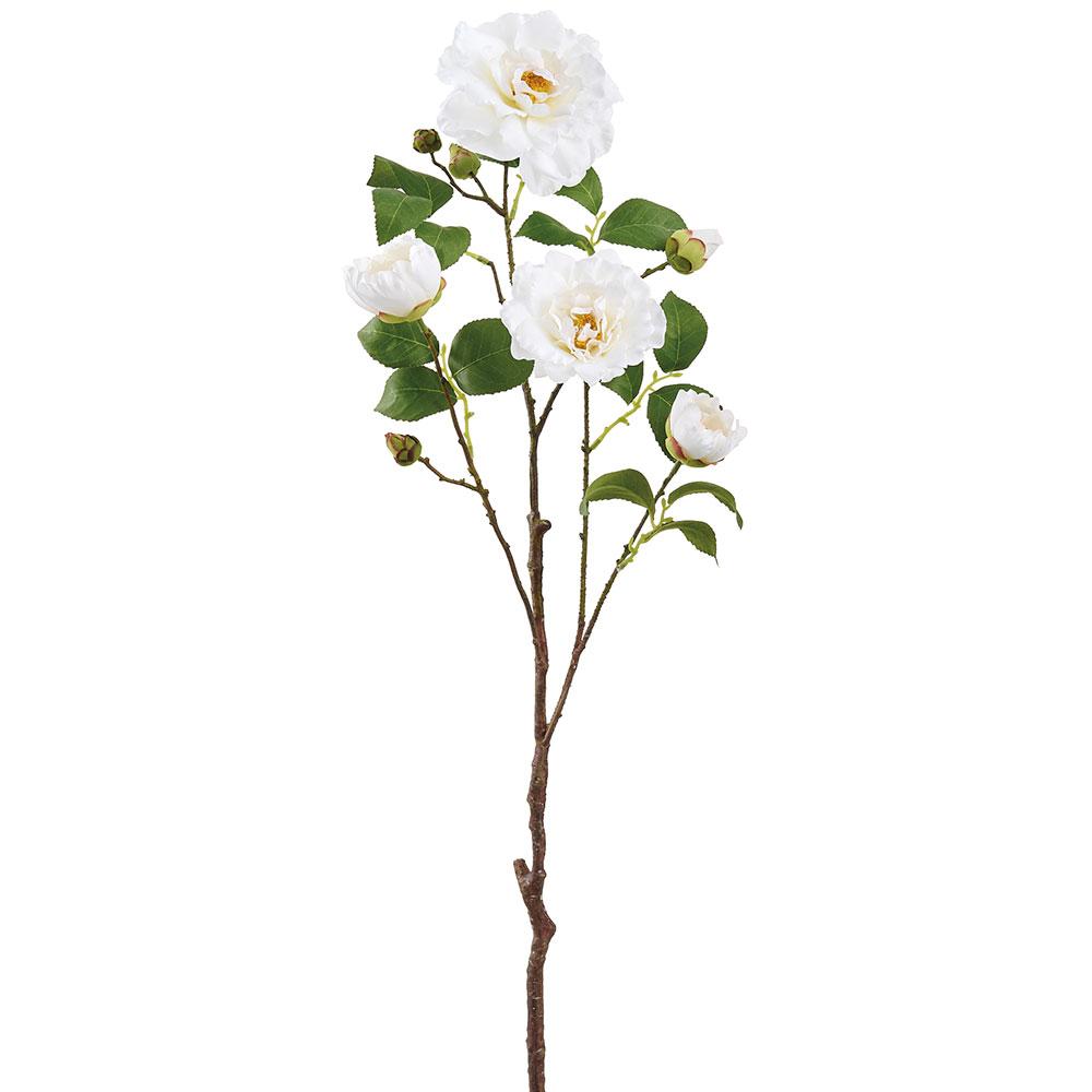 White camellia spray artificial flower arrangement with plastic petals on a metal wire stem.