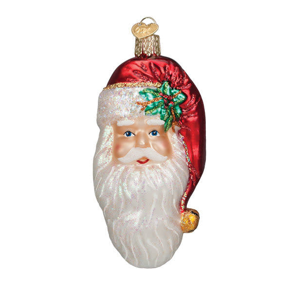 Mouth-blown glass Santa Claus ornament with hand-painted red suit, silver trim, and glittered details.