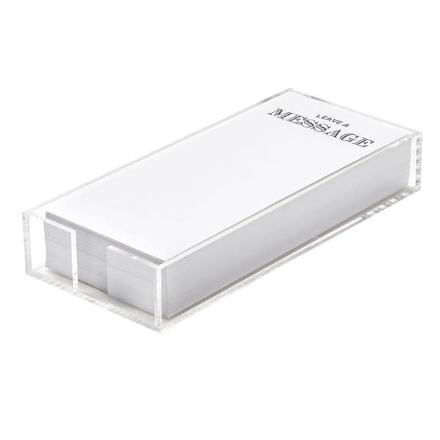 Clear acrylic notepaper tray holding loose leaf card stock with printed messages