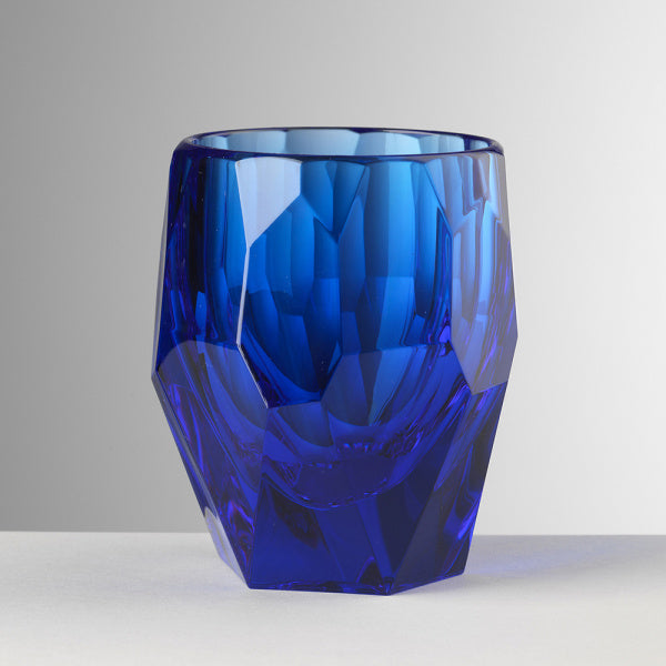 Blue faceted glass Milly Tumbler with geometric cuts.